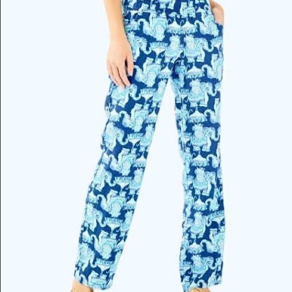 Lilly Pulitzer linen indigo joy ride elephants/beach vacation pants Sz S - Picture 1 of 10